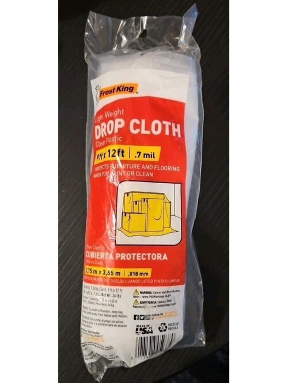 Frost King Lightweight Drop Cloth Wrap Clear Plastic 9' x 12' .7 mil Furniture